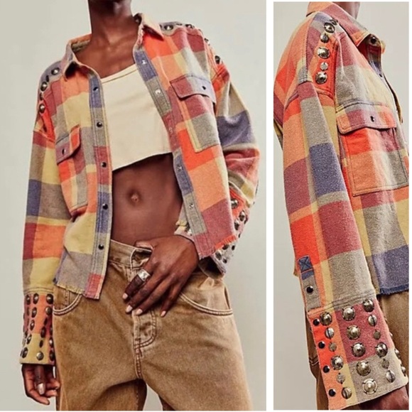 Free People Tops - FREE PEOPLE Austin NEW Plaid Buttondown Size L Yellow Ochre Combo We The Free